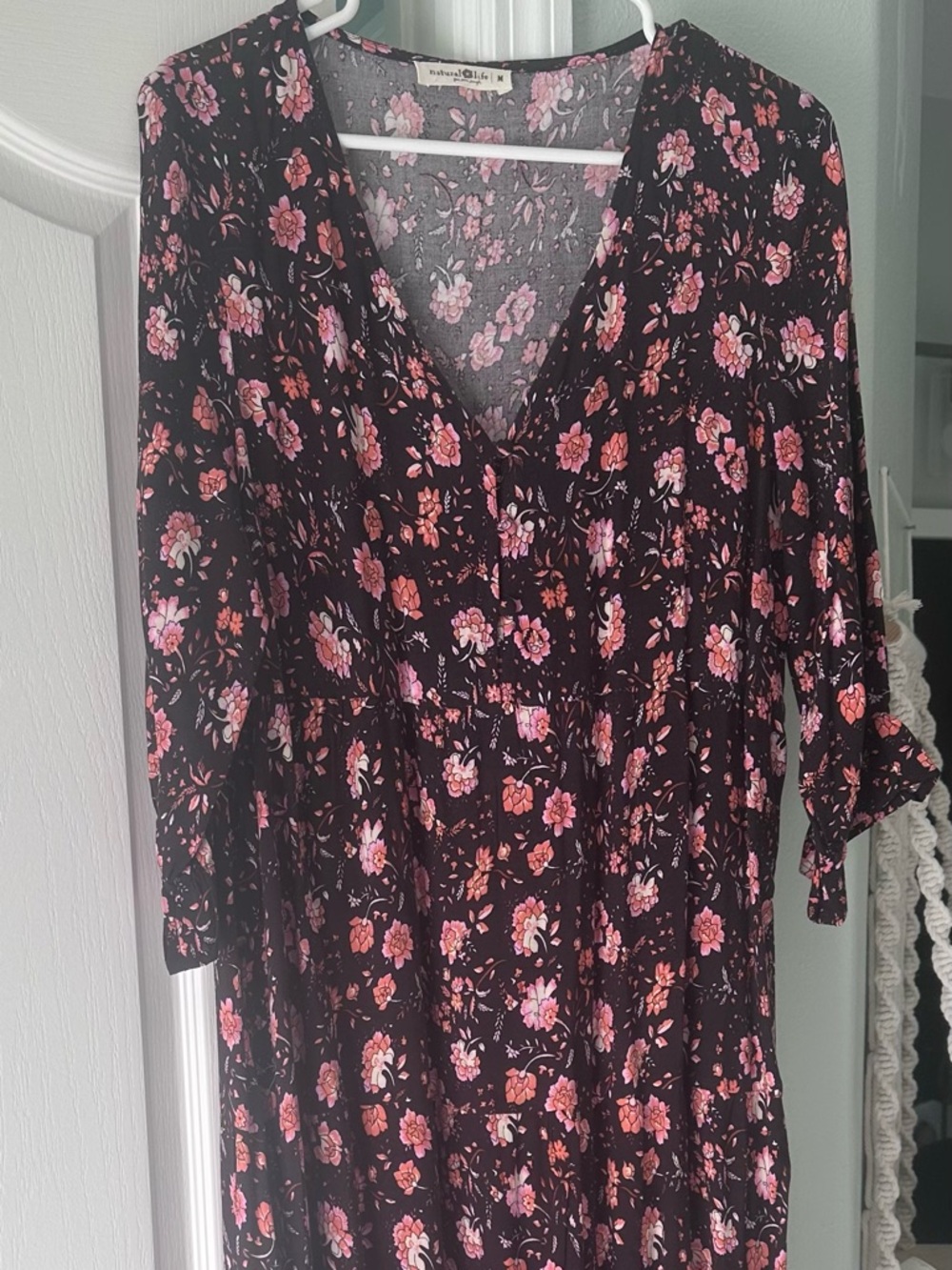 NATURAL LIFE Black Maxi Dress with Pink & Coral Floral Print